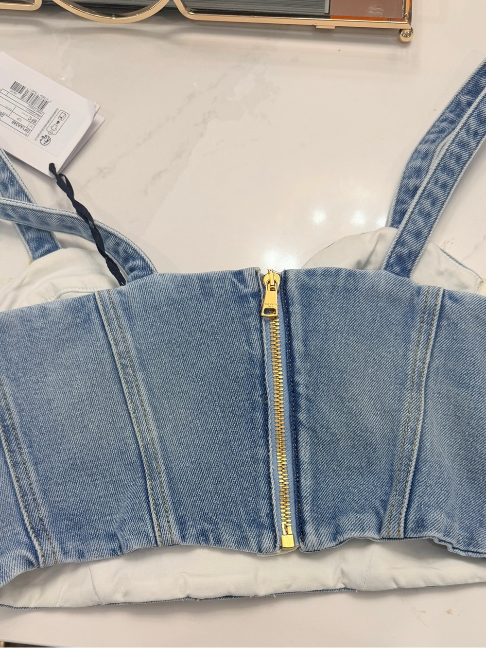 Balmain Denim Bustier Corset Top NWT Light Wash Gold Medallion Buttons - Picture 3 of 3